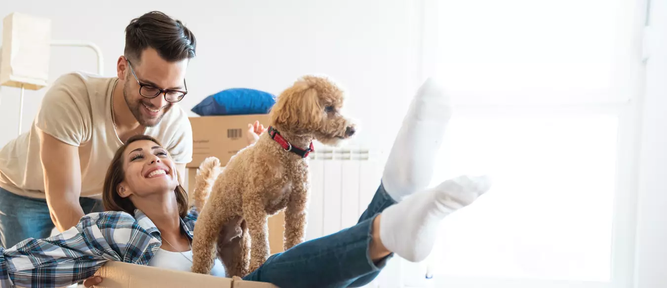 Couple with dog unpacking in rental suite