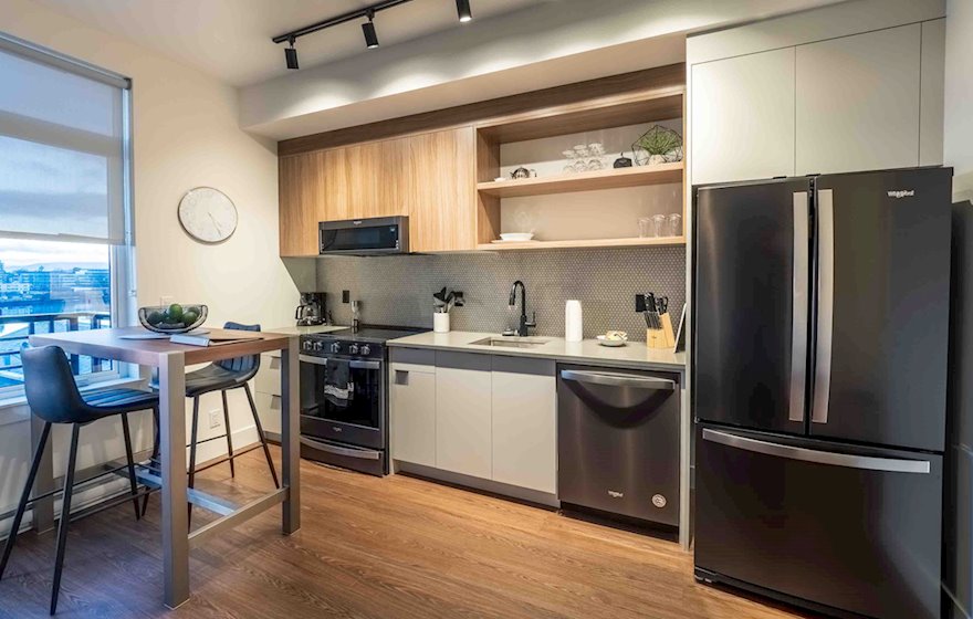 Ironworks 508 fully furnished kitchen and dining area with window Victoria