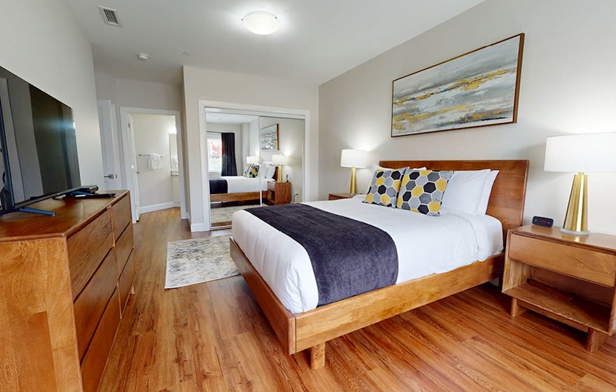 7 Primary Bedroom Queen Mattress Fully Furnished Short Term Apartment Rental Dieppe New Brunswick