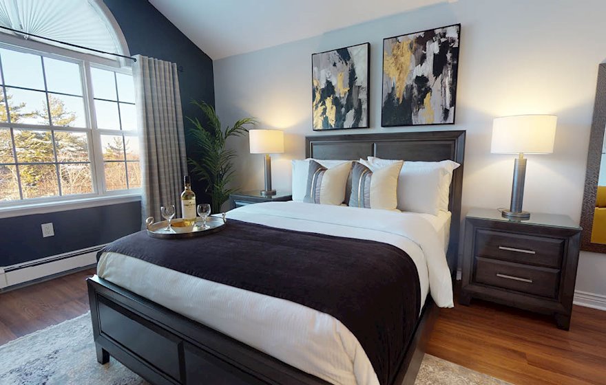 4 Primary Bedroom Queen Mattress Fully Furnished Short Term Apartment Rental Bedford NS