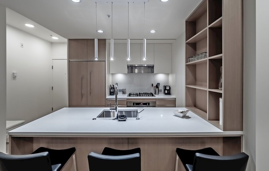 Kitchen Fully Equipped and Breakfast Bar Fully Furnished Suite Victoria B&W