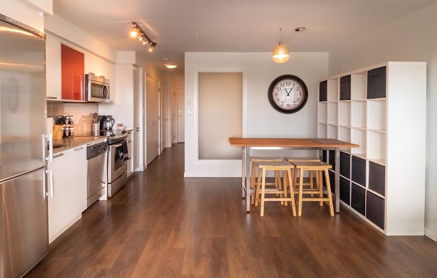 Open concept kitchen Union suite 406 furnished condo Victoria BC