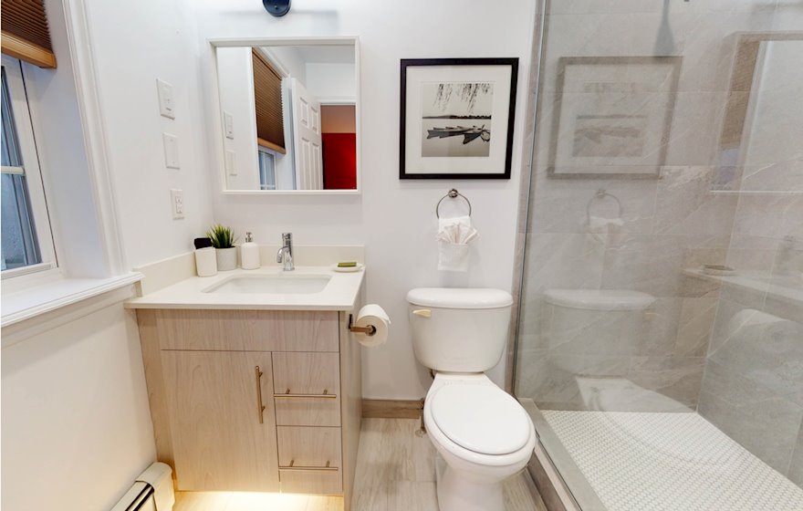 Primary Bathroom Walk In Shower Fully Furnished Apartment Suite Bedford NS